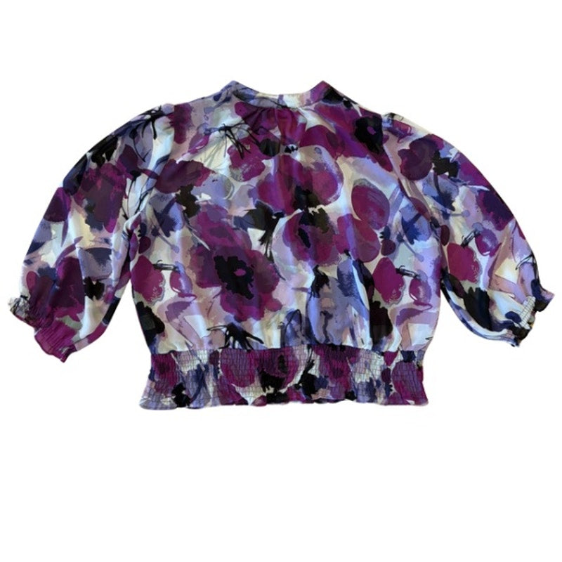 Sheer Purple Poppies Floral 1/2 Sleeve Cropped Peasant Blouse (PL)