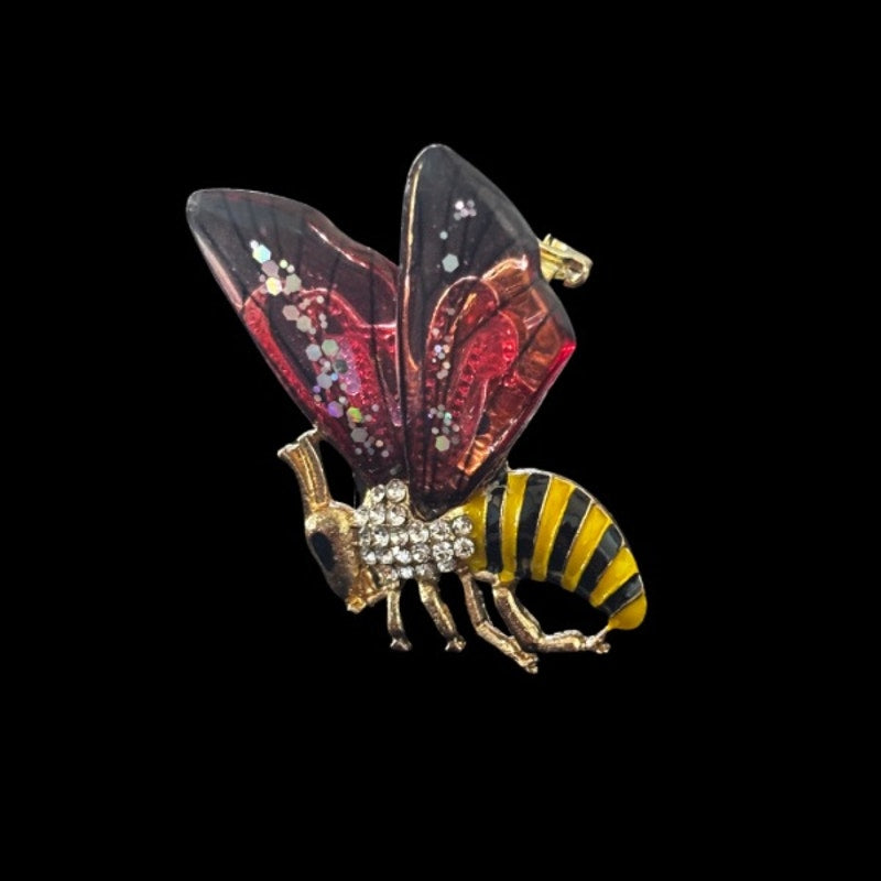 Vintage Rhinestone Gold-Toned Pink Glitter Winged Bee Pin