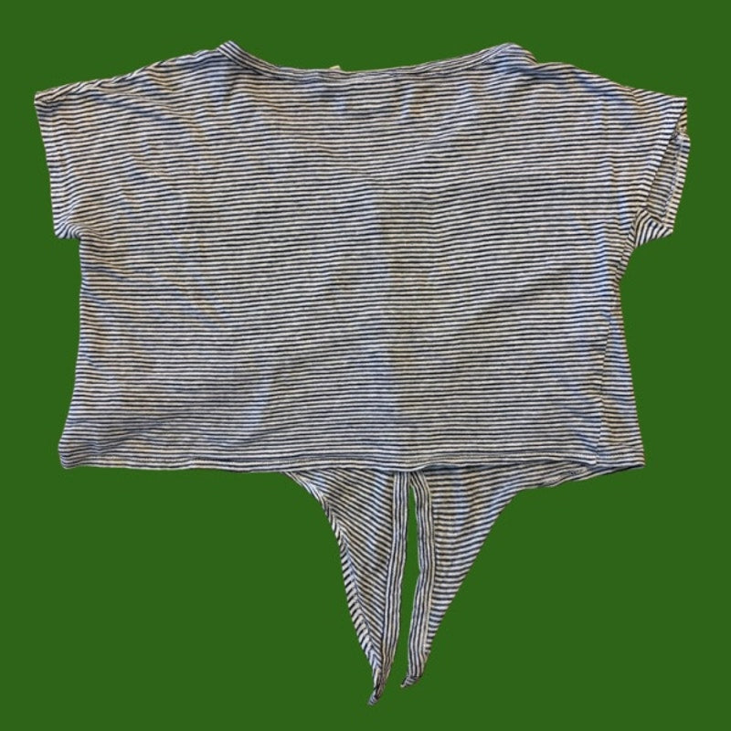 Vintage Daffodil Patch Blue and White Striped Button Down Tie Front Linen Crop Top (M/L)