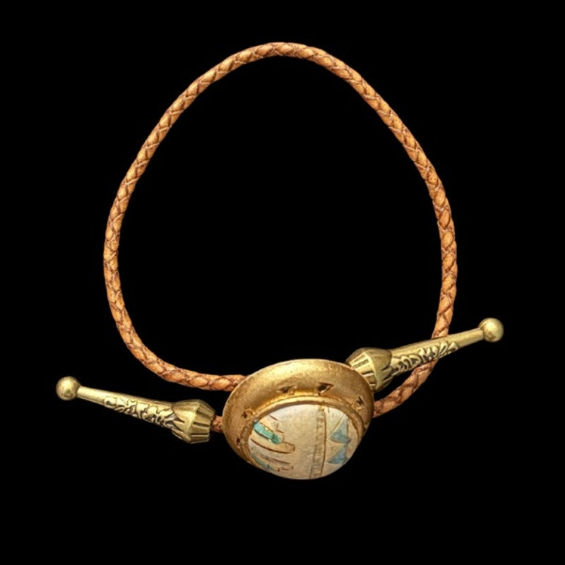 Upcycled Vintage Gold, Blue, and White Southwestern Style Disc Bolo Bracelet