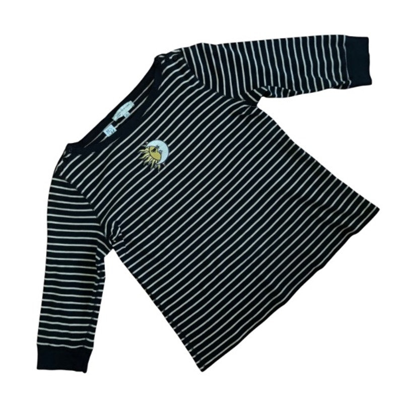 Vintage Sun and Moon Patch Black and Beige Striped 3/4 Sleeve Boat Neck Knit Top (XL)