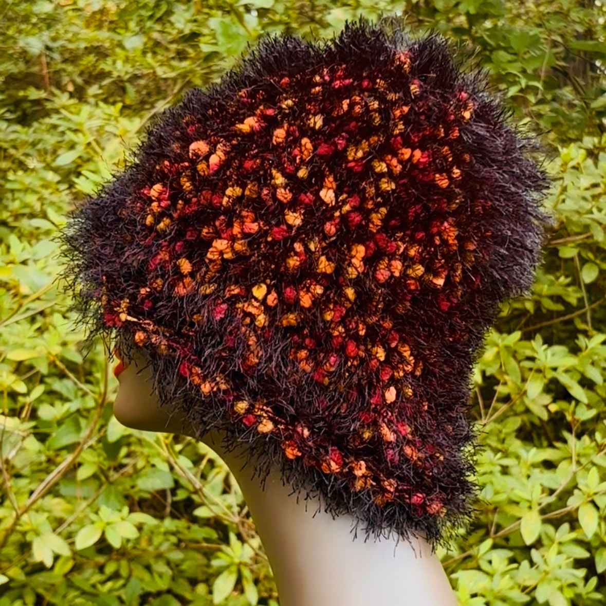 Hand-knit Fuzzy Orange, Red & Black Bucket Hat (OSFM)