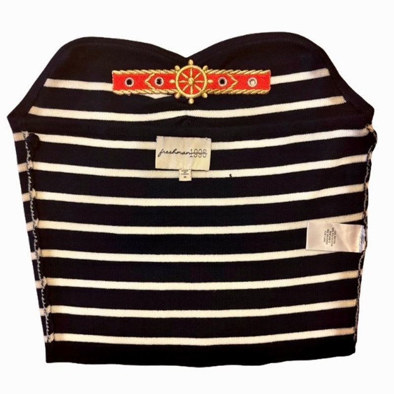 Vintage Red Ship Wheel Patch White & Blue Striped Strapless Bralette (XXS)
