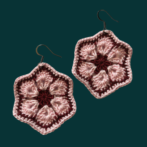 Pastel Pink & Burgundy Micro-crocheted Cotton Flower Earrings