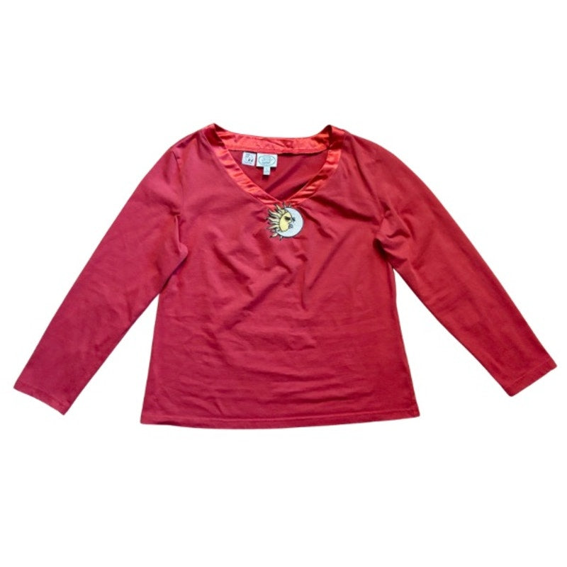 Vintage Sun and Moon Patch Red Satin Trim V-Neck Longsleeve Top (L-XL)