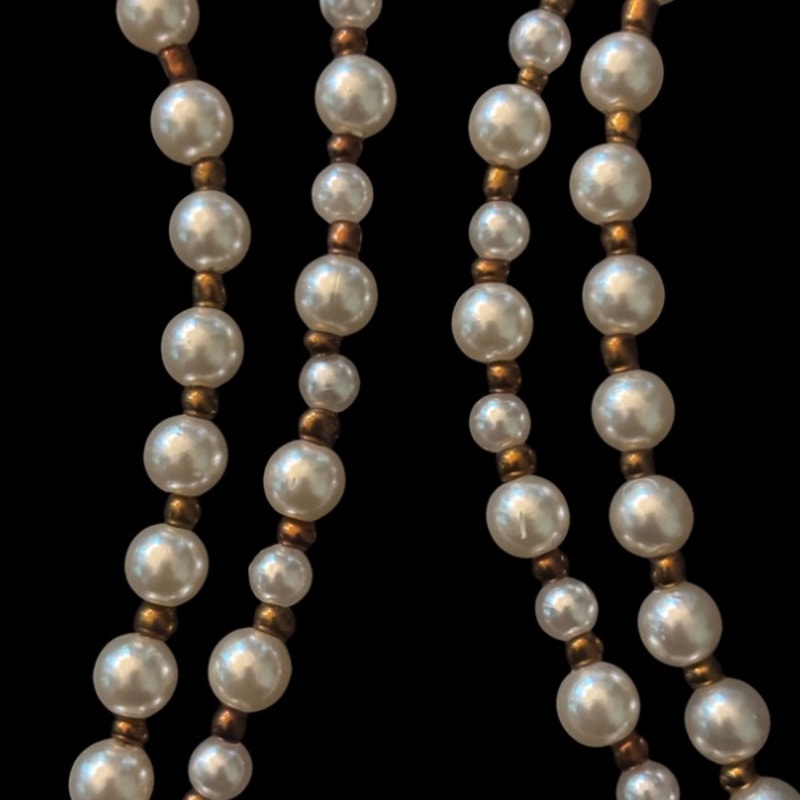 Double Strand Pearl Necklace with Square Vintage Costume Oval Amber, Sapphire & Clear Rhinestone Studded Bronze Pendant