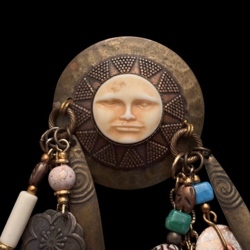 Rare Vintage Artisan Sun God Talisman Brass Beaded Chain Brooch