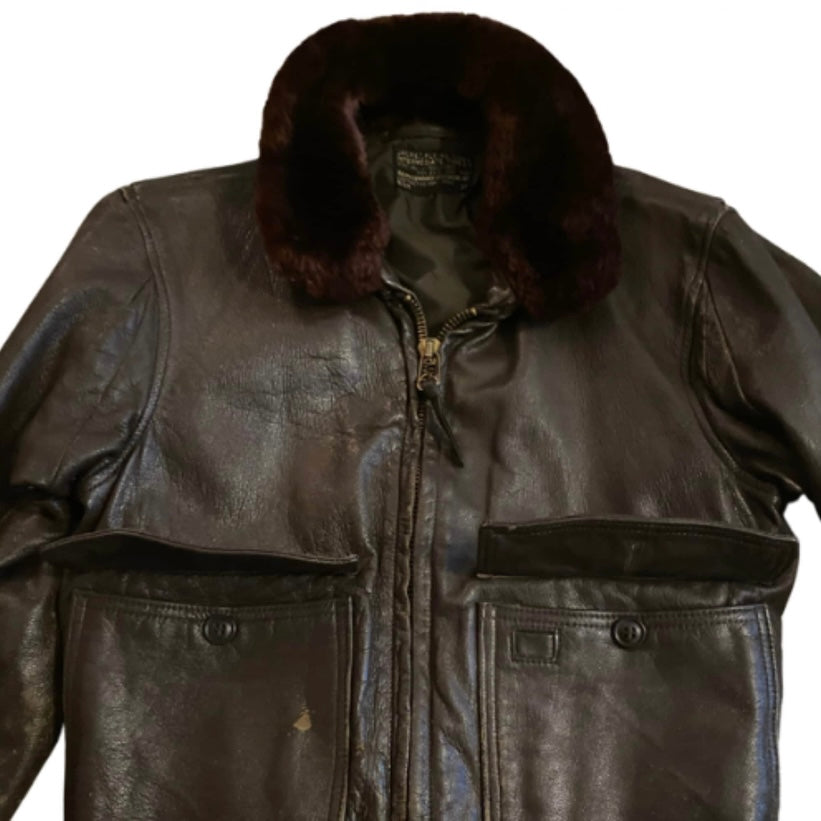 *RARE VINTAGE* 1960s USN Men’s Type G-1 Chocolate Brown Leather Flight Jacket with Fur Collar  (36)