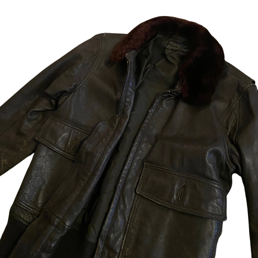 *RARE VINTAGE* 1960s USN Men’s Type G-1 Chocolate Brown Leather Flight Jacket with Fur Collar  (36)