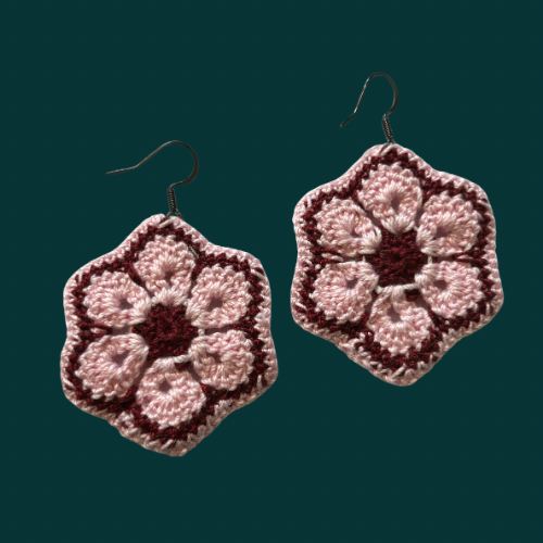 Pastel Pink & Burgundy Micro-crocheted Cotton Flower Earrings
