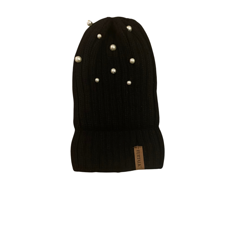 🔔 Upcycled Pearl-Studded Black Knit Beanie