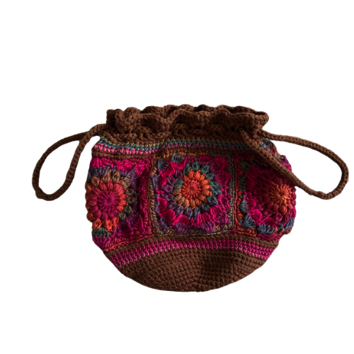 Retro Crocheted Granny Square Drawstring Pouch Bags | Made by Maya
