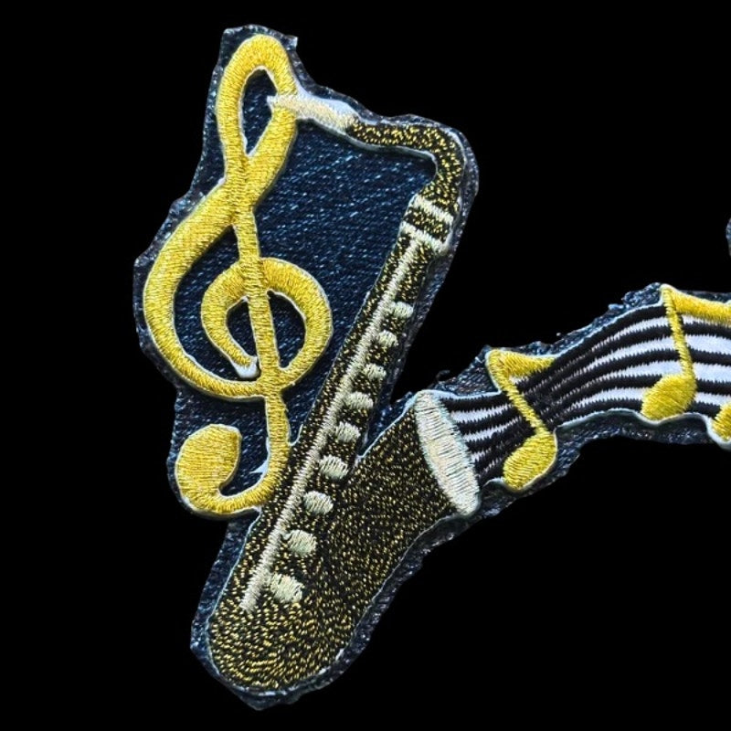 Large Treble Cleft & Playing Saxophone Jazz Music Vintage Embroidered Patch Pin