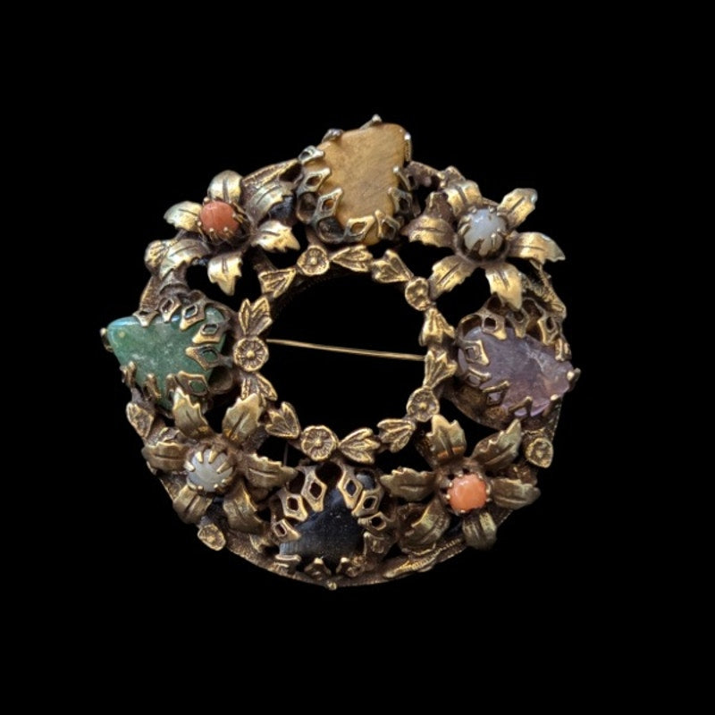 Vintage Black Onyx/ Amethyst/ Jade/ Light Blue Chalcedony/ Yellow Jasper Brass Floral Wreath Brooch
