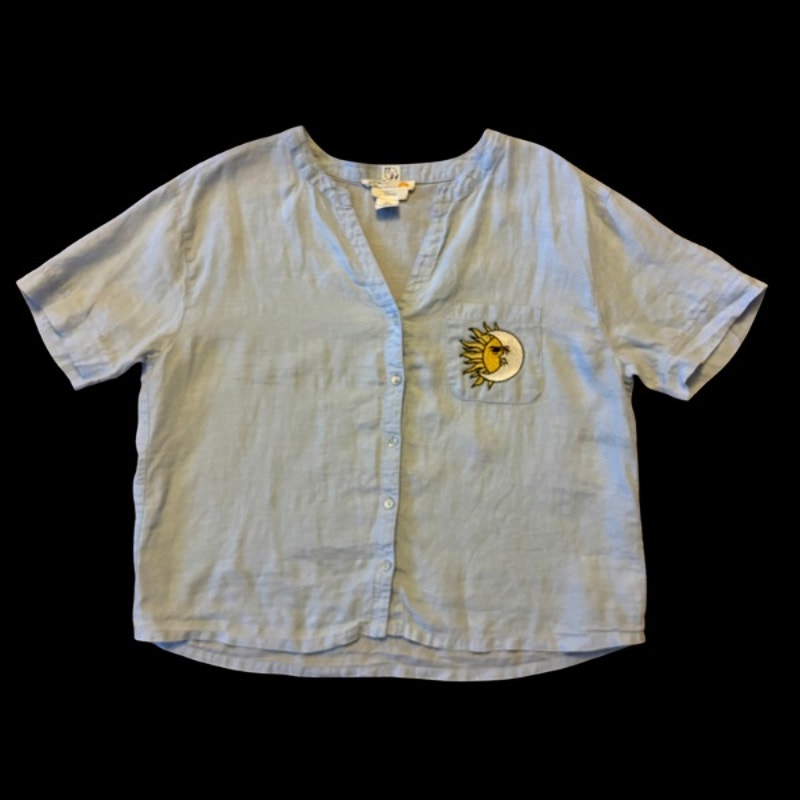 Vintage Sun & Moon Patch Sky Blue Linen Button Down Short Sleeve Shirt (Large)