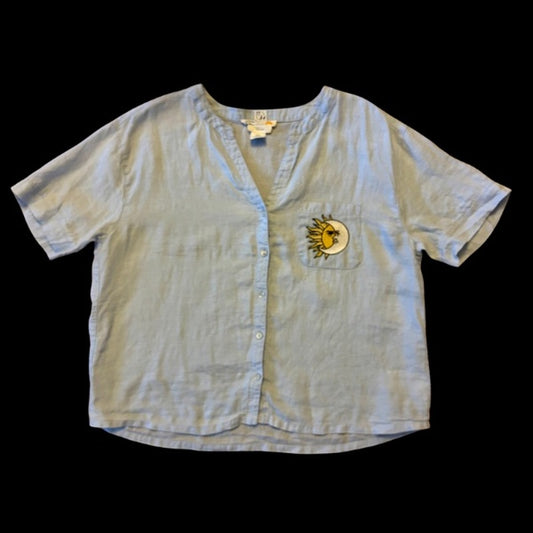 Vintage Sun & Moon Patch Sky Blue Linen Button Down Short Sleeve Shirt (Large)