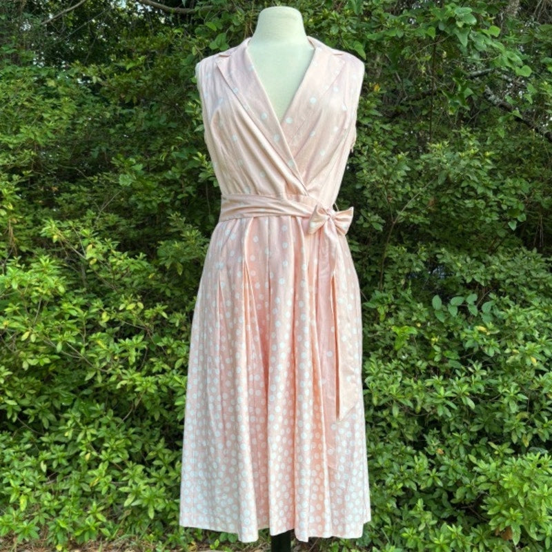 Cherry Blossom Pink & White Polka Dot Sleevless A-Line Shirtwaist Dress (M)