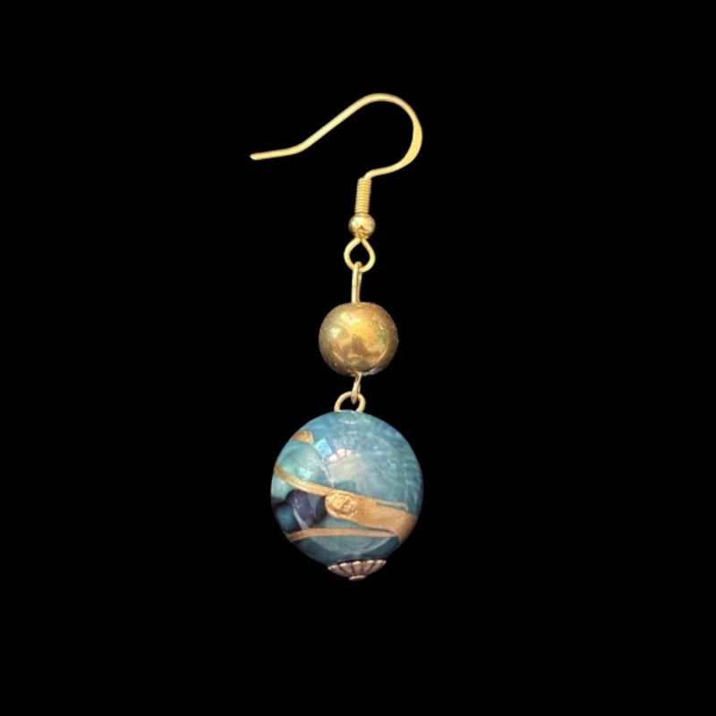 Baroque-inspired Gold and Marbled Green Beaded Drop Earrings