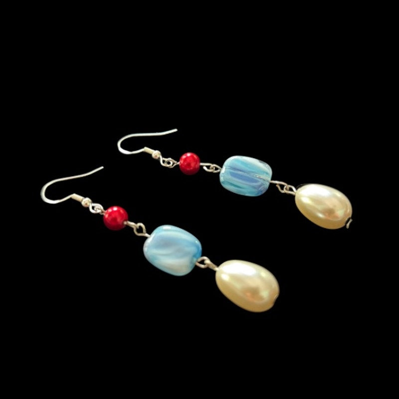 Baroque-Inspired Red, Marbled Sky Blue, & Pearl Bead Drop Earrings