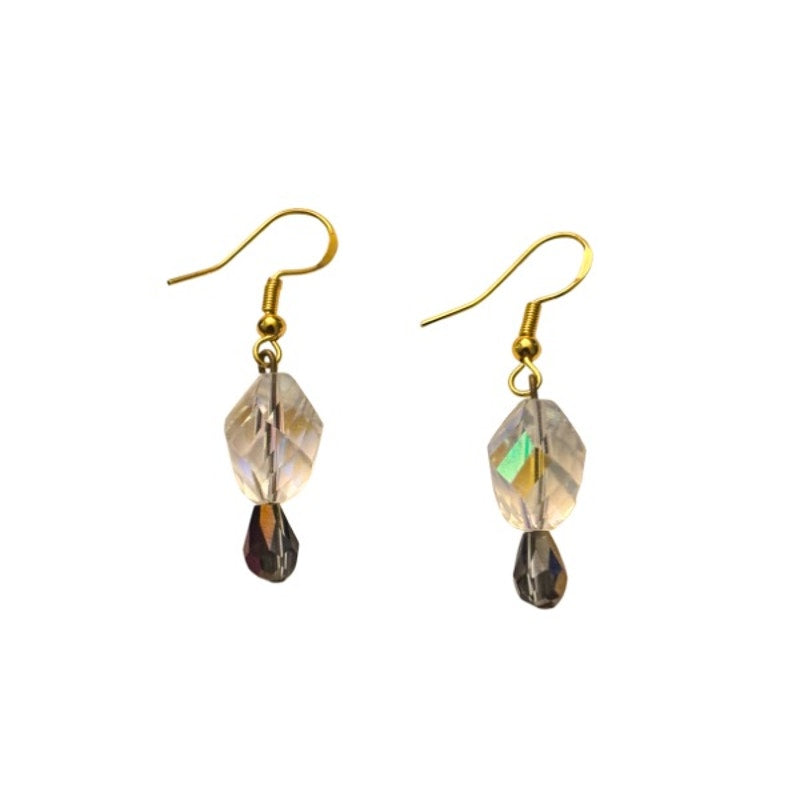 Morning Dewdrops | Clear AB Crystal & Colorshift Silver/Bronze/Purple Drop Earrings