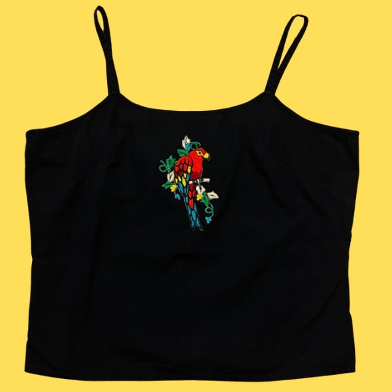 Vintage Embroidered Cotton Parrot Patch Black Navy Spaghetti Strap Cotton Crop Top (JL)