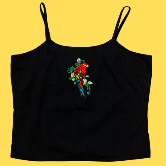 Vintage Embroidered Cotton Parrot Patch Black Navy Spaghetti Strap Cotton Crop Top (JL)