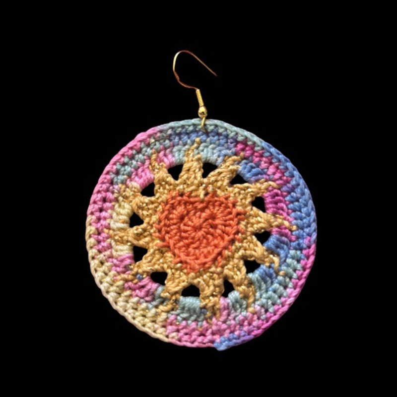 Orange, Gold, & Rainbow Hearts on Fire Micro-crocheted Disc Earrings