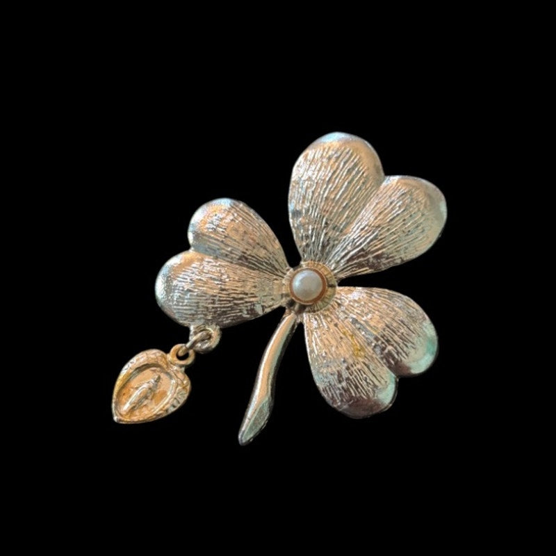 Vintage Gold Toned 3-Leaf Clover Brooch with Mother Mary Charm