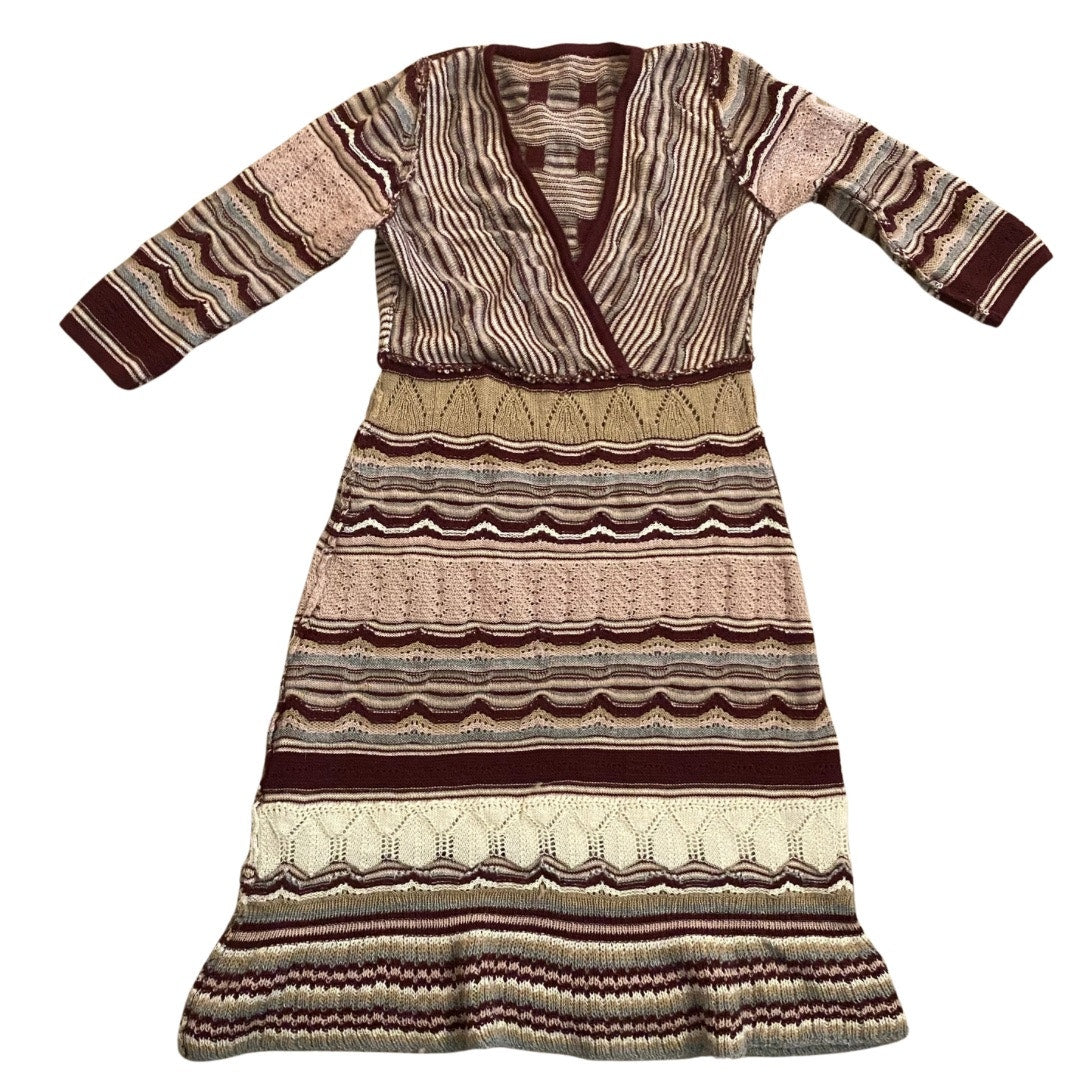 NWT V-Neck Pink/ Burgundy/ Cream/ Striped Baby Alpaca Wool Knit Ruffle Hem Dress (M)