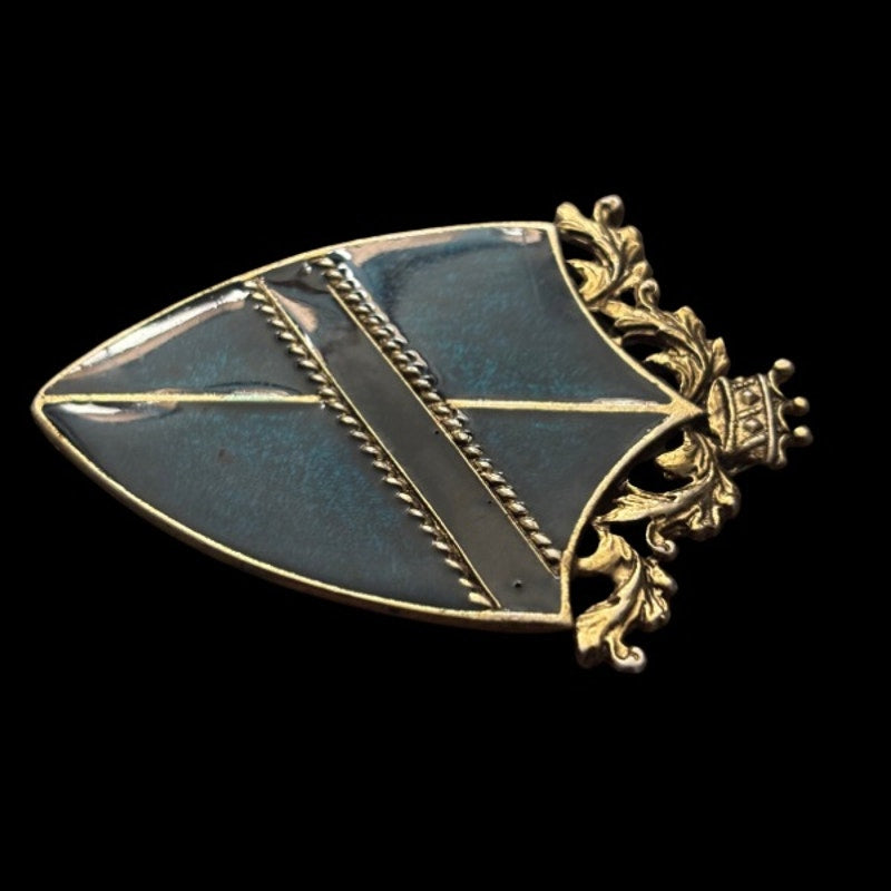 Vintage Gold Toned Metal, Green & Black Enamel Medieval Style Shield Brooch