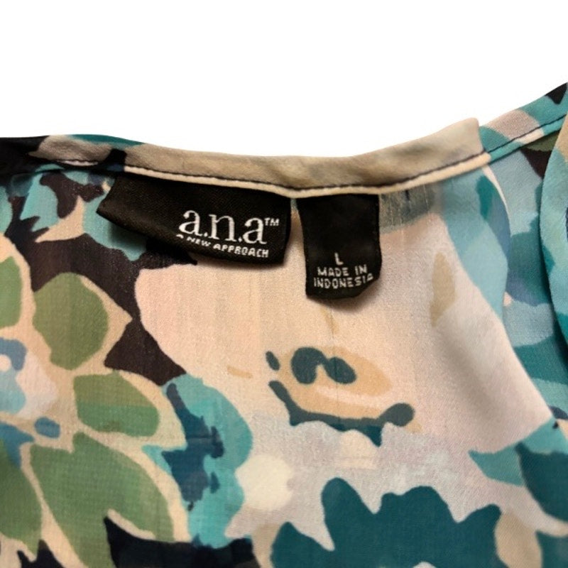 Sheer Blue/Green Floral Puffed Sleeve Peasant Top w/ Sash (L)