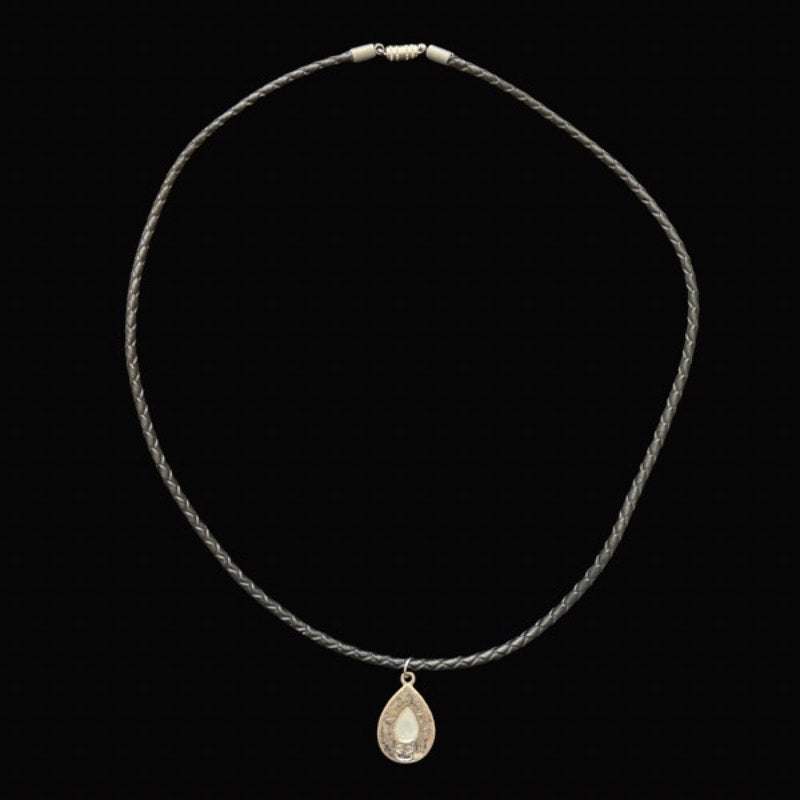 Faux Yellow Topaz & Silver Teardrop Pendant Leather Cord Choker Necklace