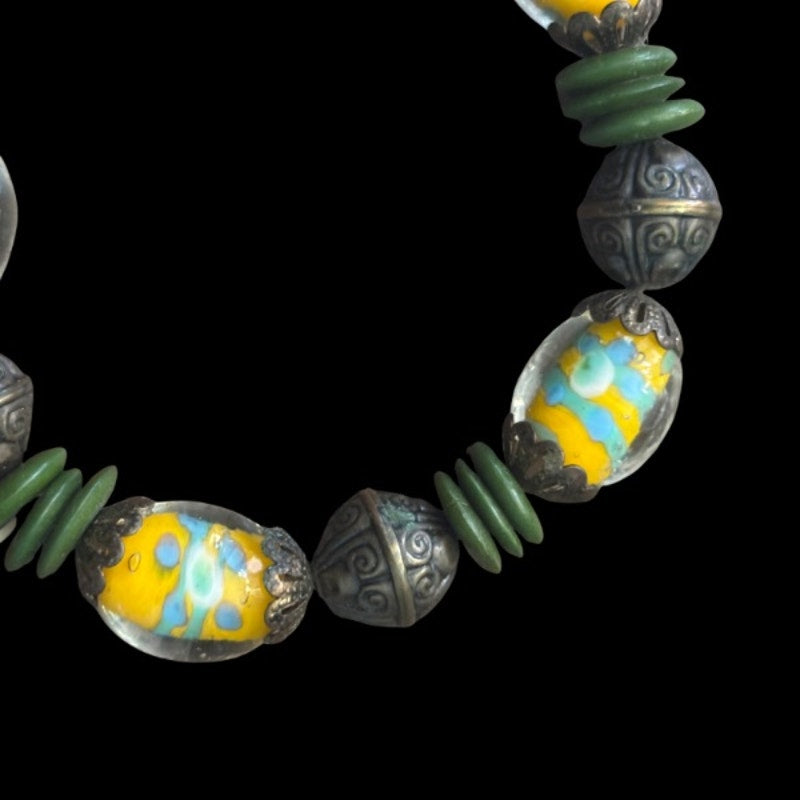 Vintage Yellow & Blue Murano Glass & Forest Green Bead Stretch Bracelet