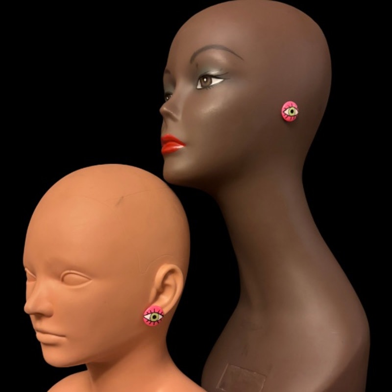 Handpainted Vintage Hot Pink Green Eyed Monster Stud Earrings