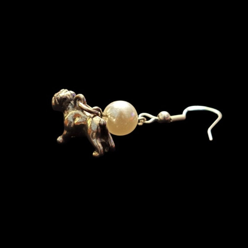 Pearl Bead & Vintage Sterling Silver Terrier and Bulldog Charm Drop Earrings