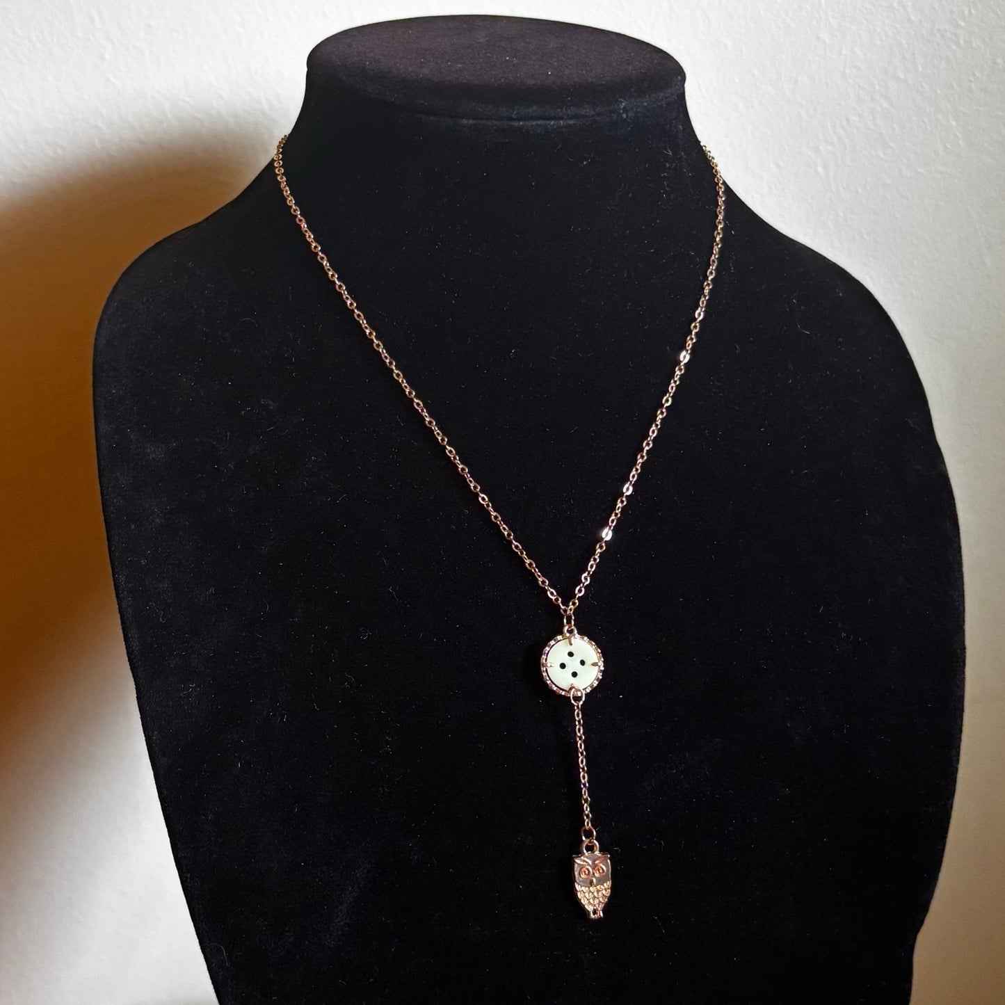White Button & Gold Owl Charm Layered Drop Pendant Necklace