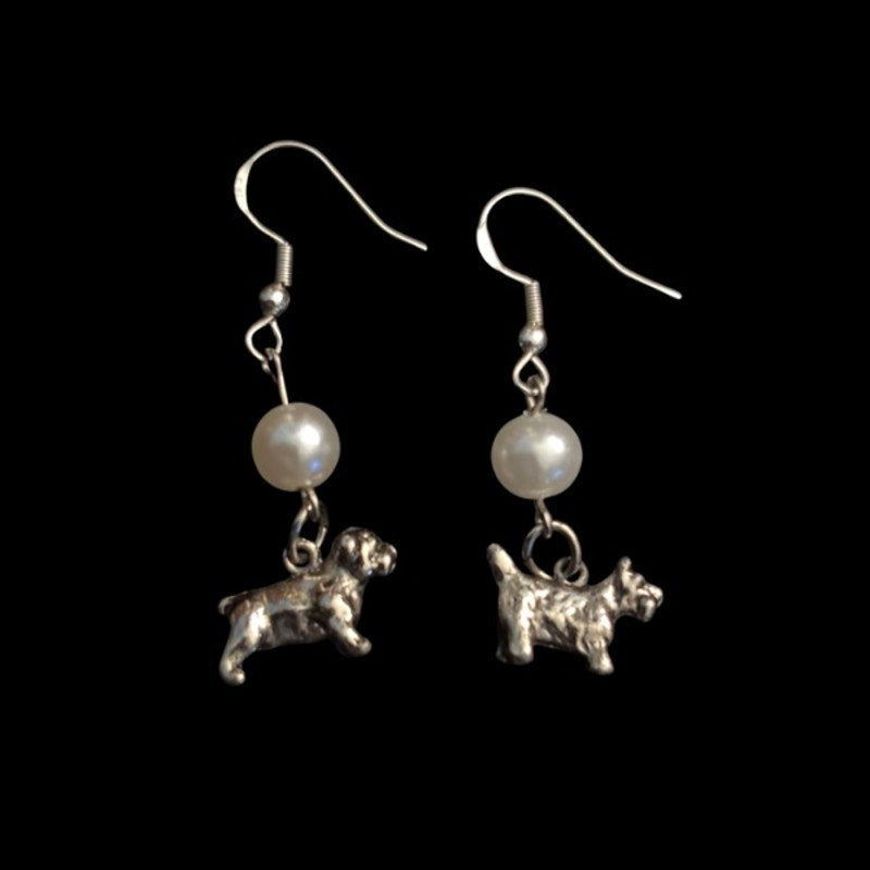 Pearl Bead & Vintage Sterling Silver Terrier and Bulldog Charm Drop Earrings