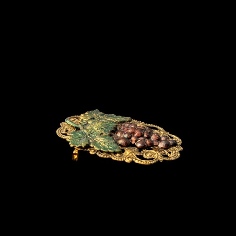 Vintage Studio 229 Brass Filigree Frame Grapevine Bunch of Red Grapes Brooch