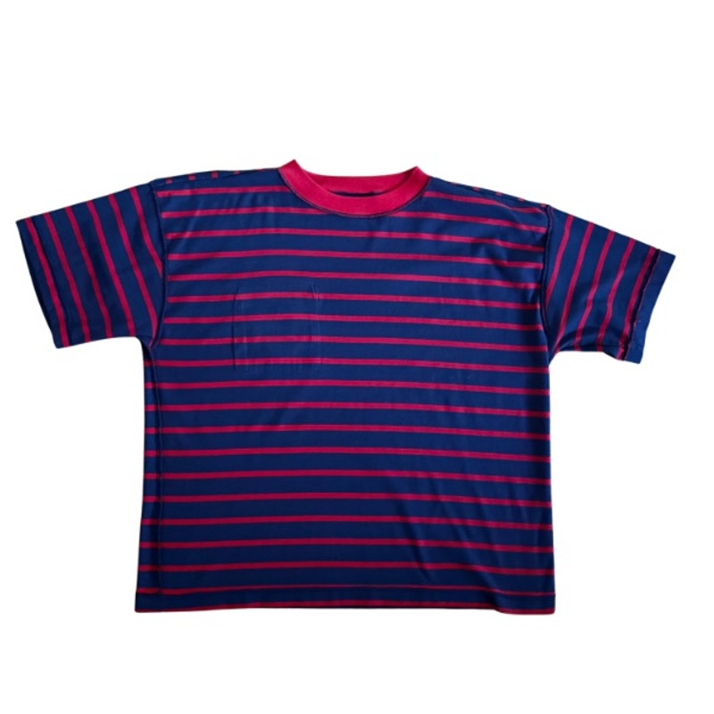 Vintage Sun and Moon Patch Blue/Green Striped 3/4 Sleeve Cotton V-Neck Top (L-XL)
