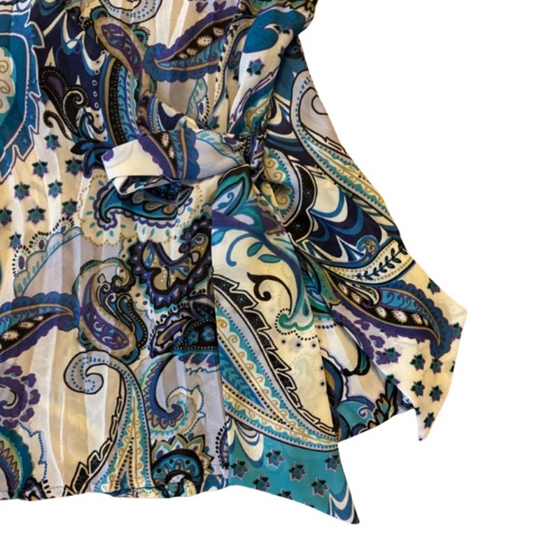 Y2K Sheer Blue Paisley Ruffle Collar Short Sleeve Wrap Top (L)