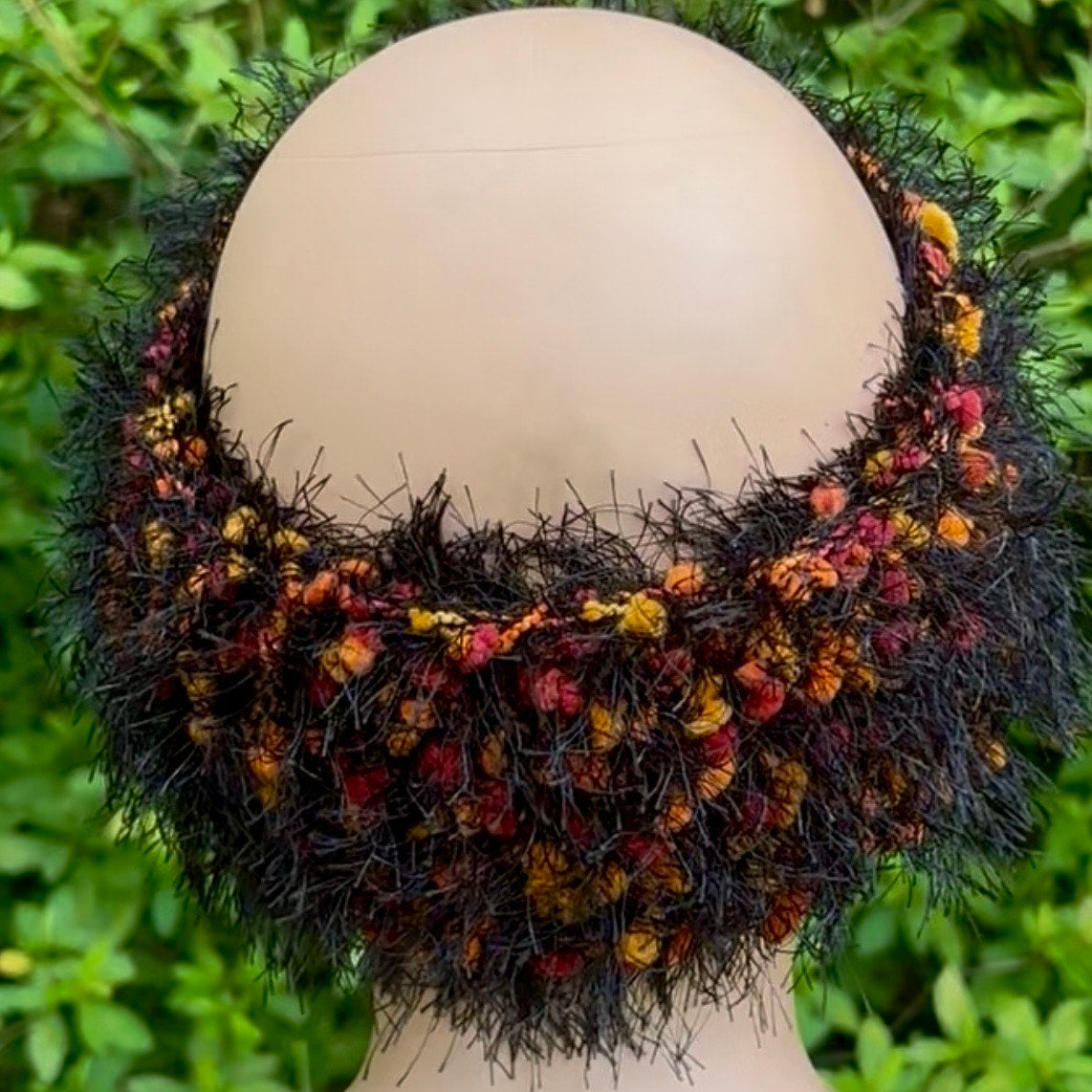 Hand-knit Fuzzy Orange, Red & Black Headband/ Ear Warmer (S/M)