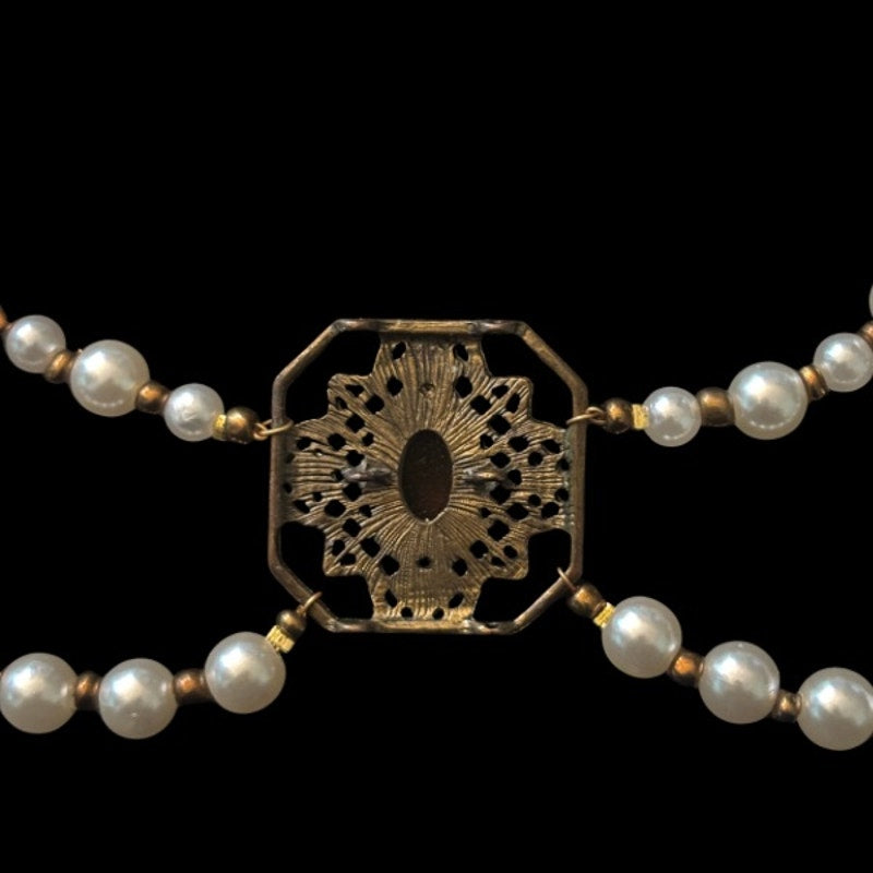 Double Strand Pearl Necklace with Square Vintage Costume Oval Amber, Sapphire & Clear Rhinestone Studded Bronze Pendant