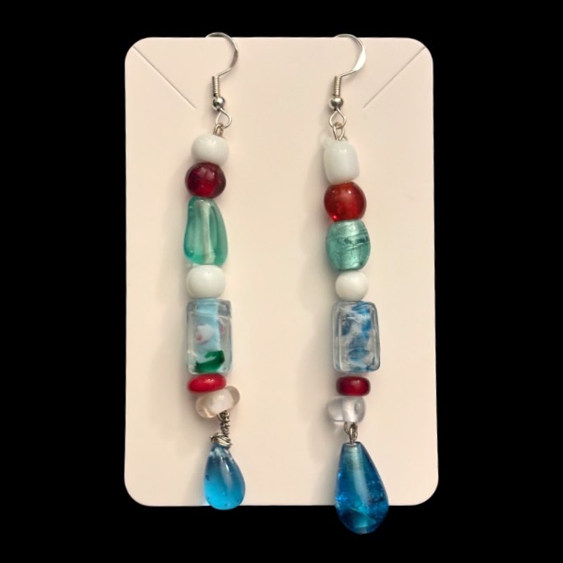Abstract Red, White, and Blue Stacked Glass Bead Drop Earrings