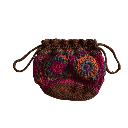 Retro Crocheted Granny Square Drawstring Pouch Bags | Made by Maya