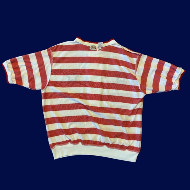 Vintage Navy Star Patch Red and White Rugby Striped Quarter Sleeve Ribbed Hem Button Down Shirt (M)