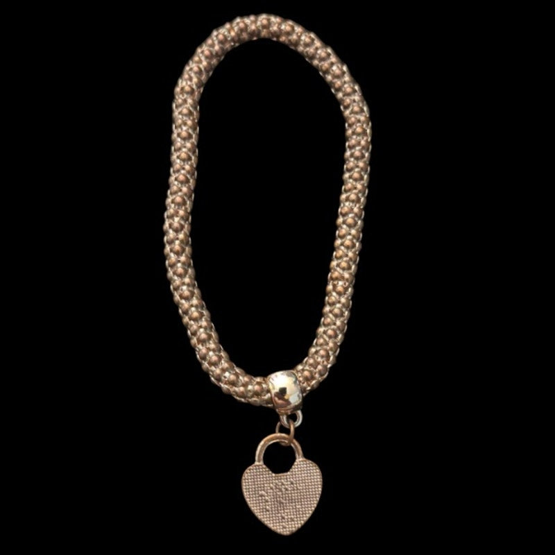 Rhinestone-Studded Heart Lock Charm Costume Rose Gold Stretch Bracelet