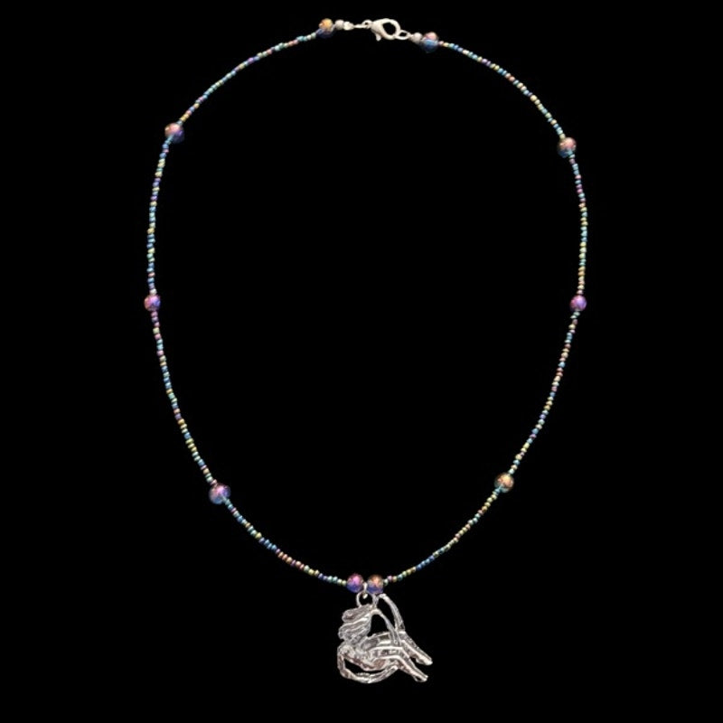 OOAK Metallic Purple/Blue/Green Beaded Silver Gemini Pendant Necklace