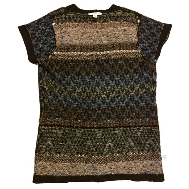 Y2K Black & Brown Fair Isle Knit Short-sleeve Wooden Button Cardigan (6-8)