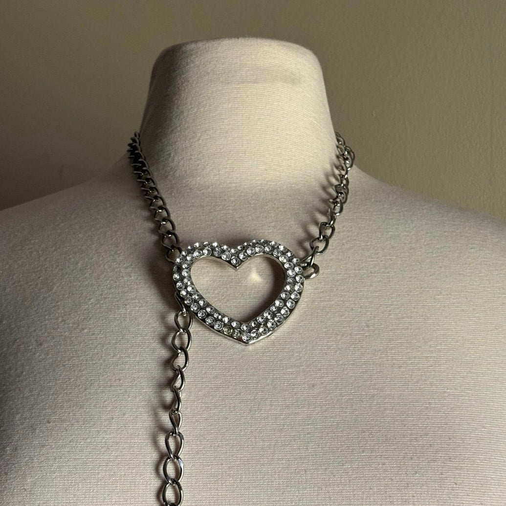 Y2K Silver Rhinestone Heart Chain Belt (fits up to XL)