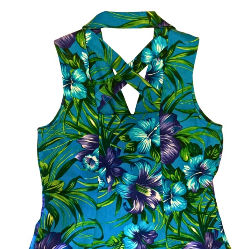 Vintage Blue & Purple Hibiscus Floral Print Sleeveless Button Down A-Line Tea Length Dress (M)